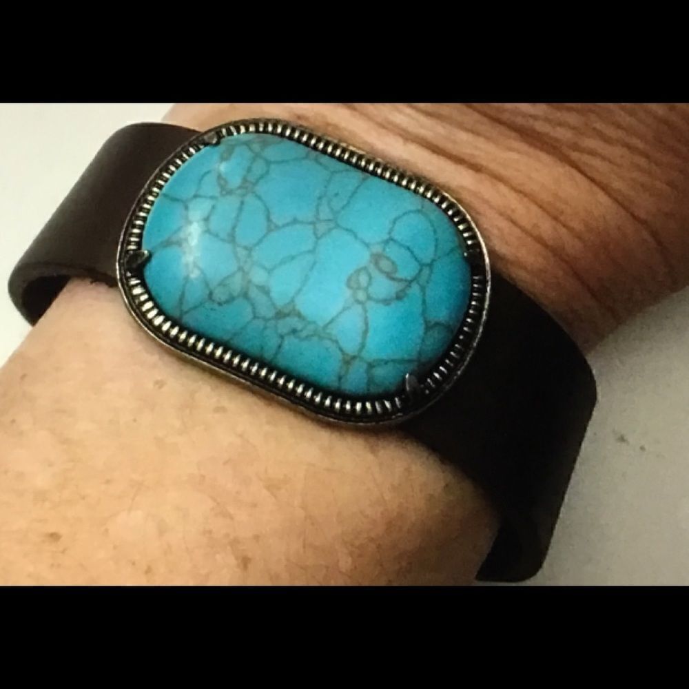 Octagonal Turquoise Gem Brown Leather Bracelet